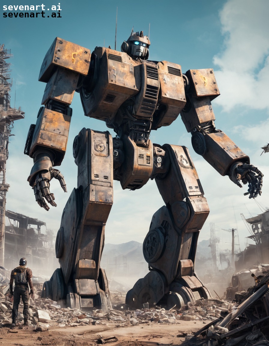 giant robot, post-apocalyptic, rebuilding, futuristic, hope, robots