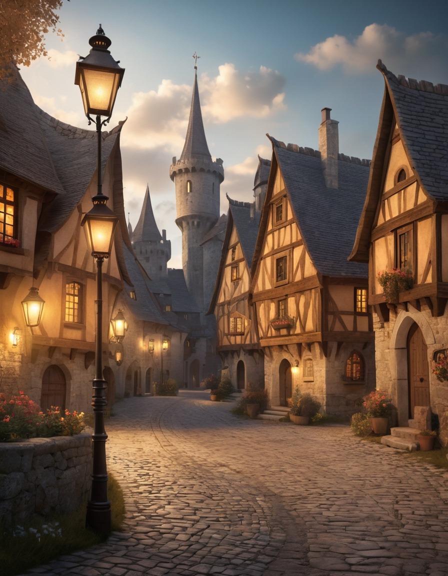 medieval village, electric street lamps, solar panels, technology, sustainability, medieval, art