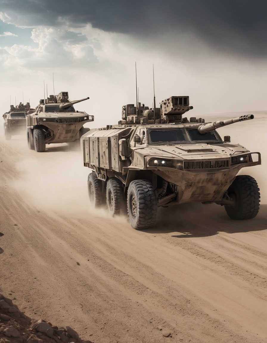 military vehicles, convoy, armored vehicles, dust clouds, fast-moving, desert landscape, mad max