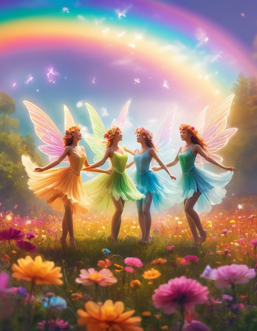 fairies, field, glowing flowers, rainbow, dance, fantastic