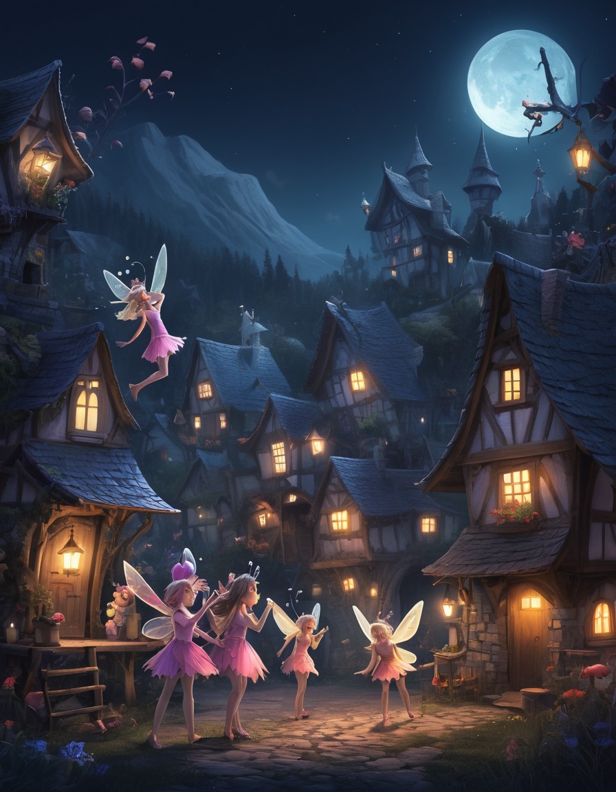 fairies, fantasy, mischief, night, village