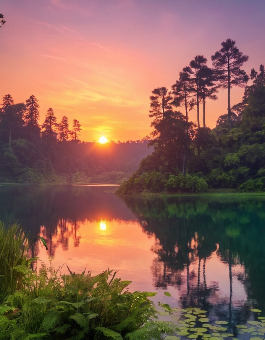 sunset, lake, lush greenery, nature