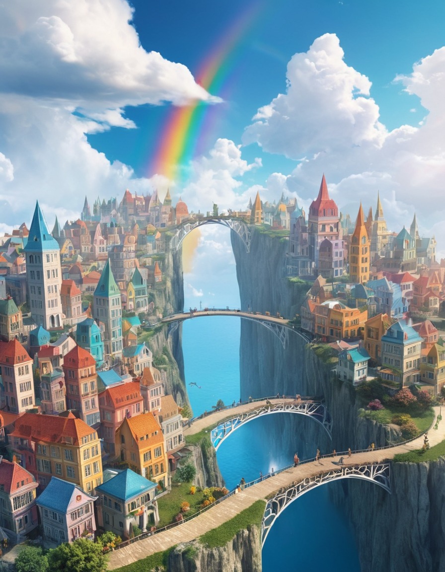 floating city, cloud architecture, rainbow bridges, fantasy landscape, ethereal city, dreamlike setting