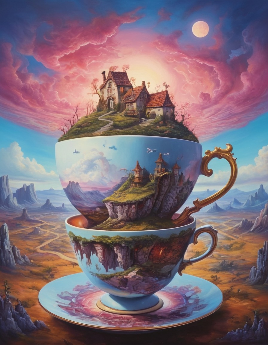 tea cup, surreal, landscape, oversized, whimsical