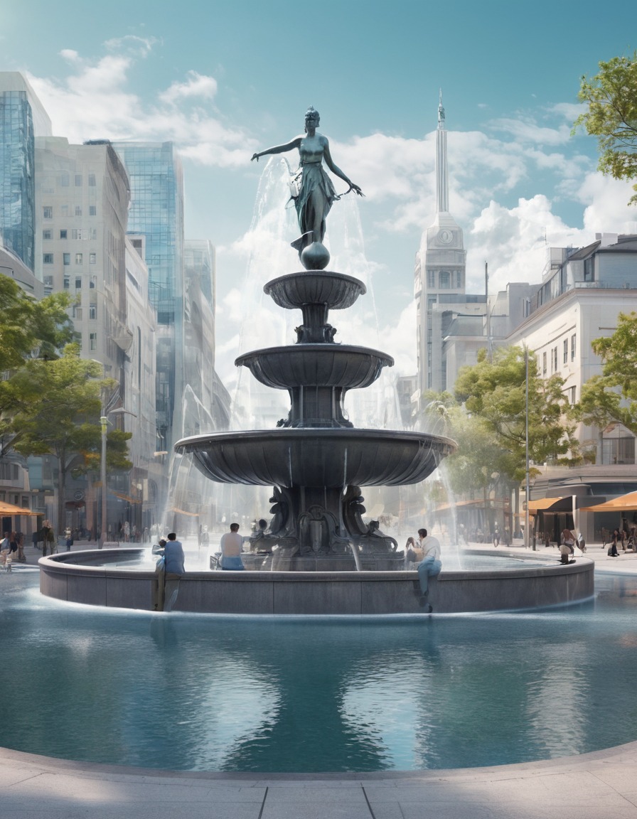 city, square, fountain, sculptures, urban landscape, modern city