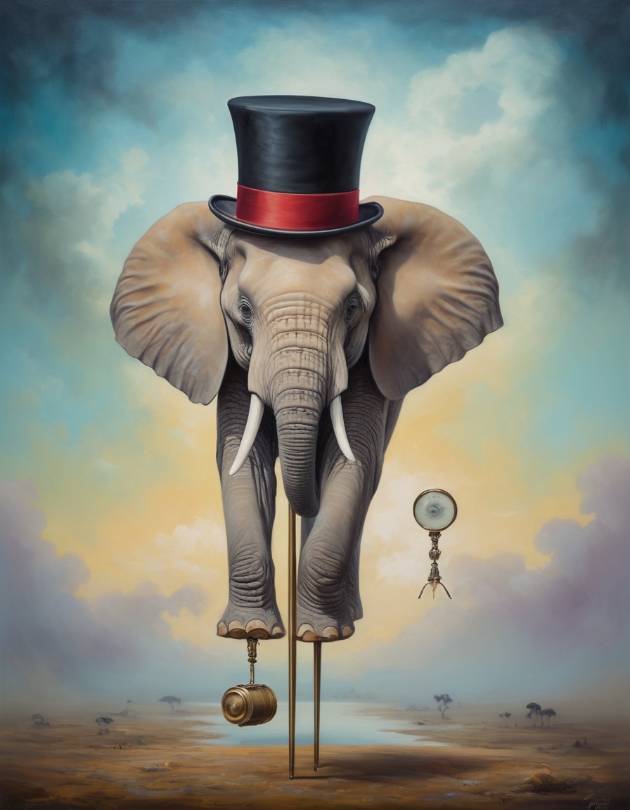 elephant, stilts, top hat, monocle, surreal