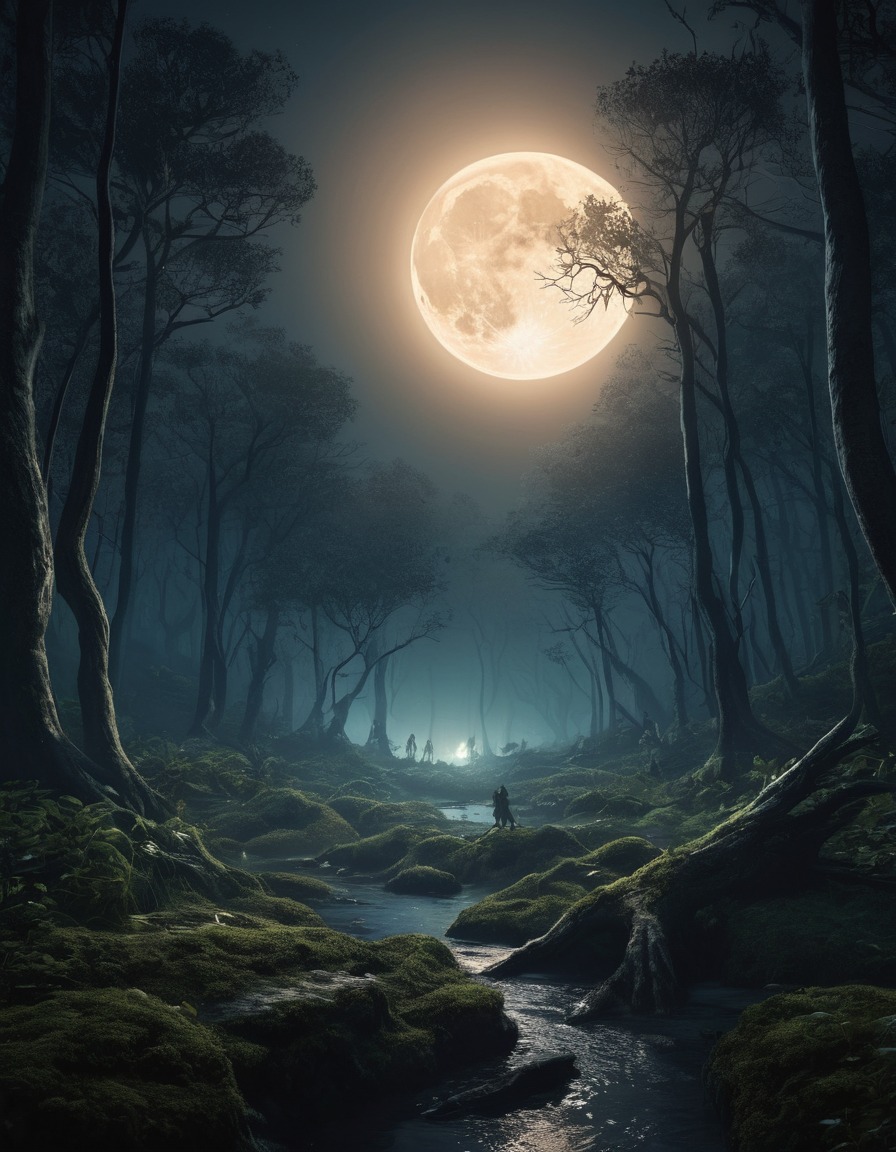 moonlit, forest, clearing, aswang, mythical creature