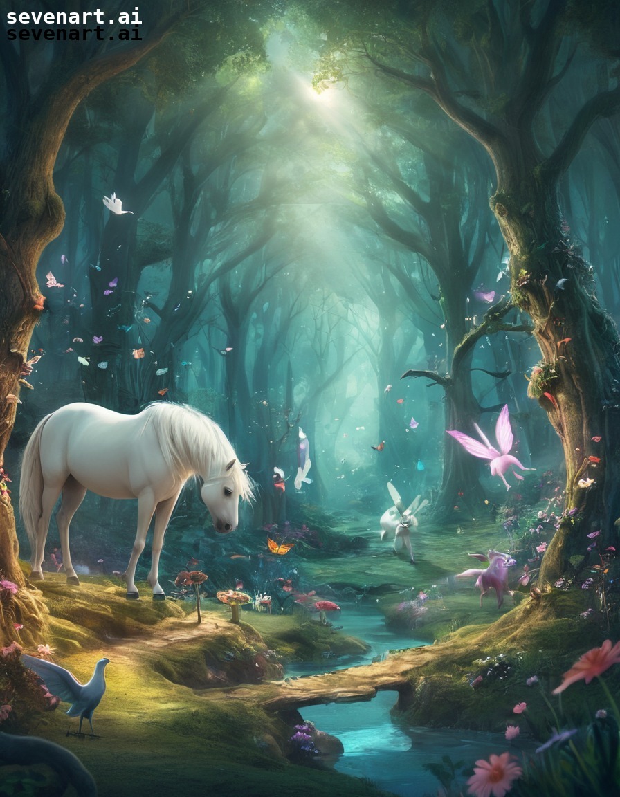 fantasy, magical creatures, fairy forest, harmony, whimsical