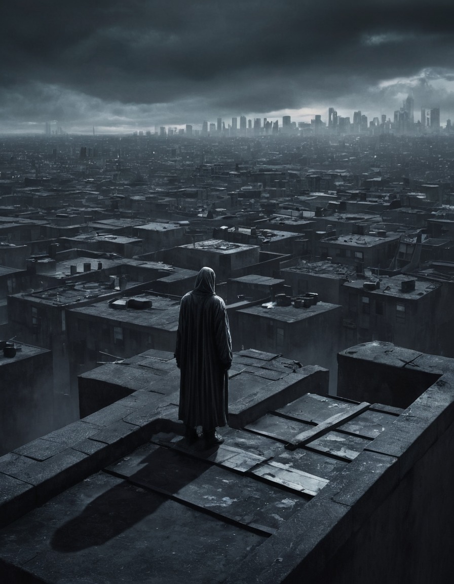 urban, rooftop, cityscape, person, surveying, chaos, war, usa