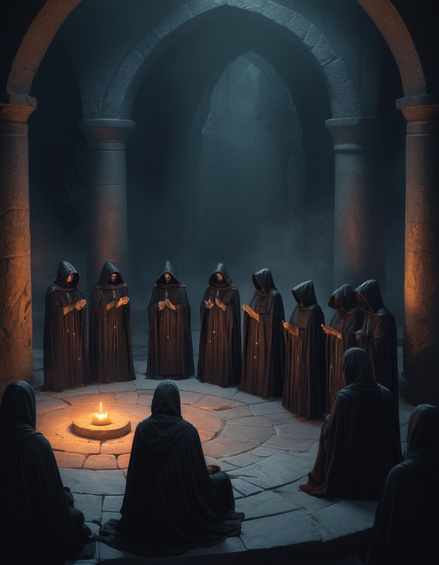 cult, ritual, altar, hooded figures, candlelit, lovecraft, howard lovecraft