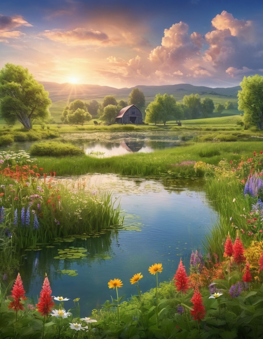 nature, farm pond, green fields, wildflowers