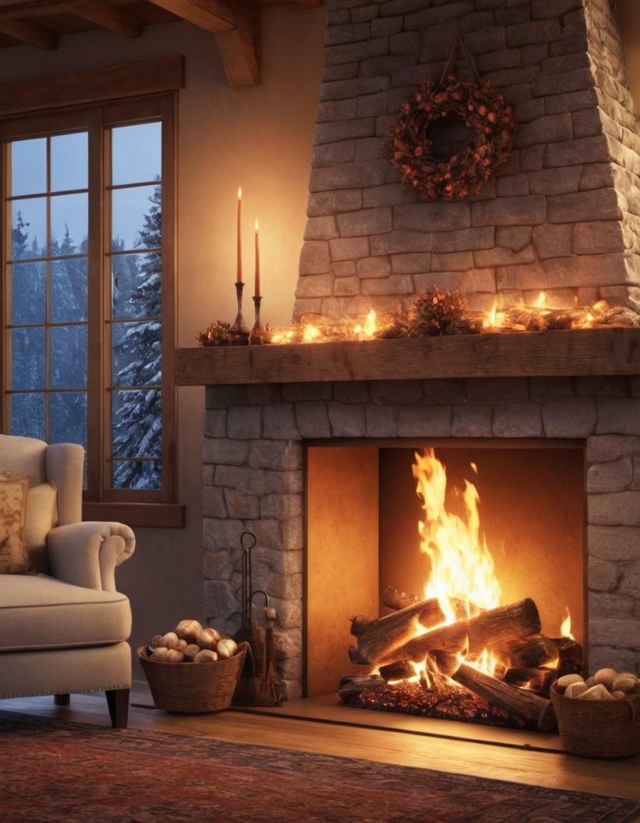 fireplace, cozy, living room, warmth, home, interior