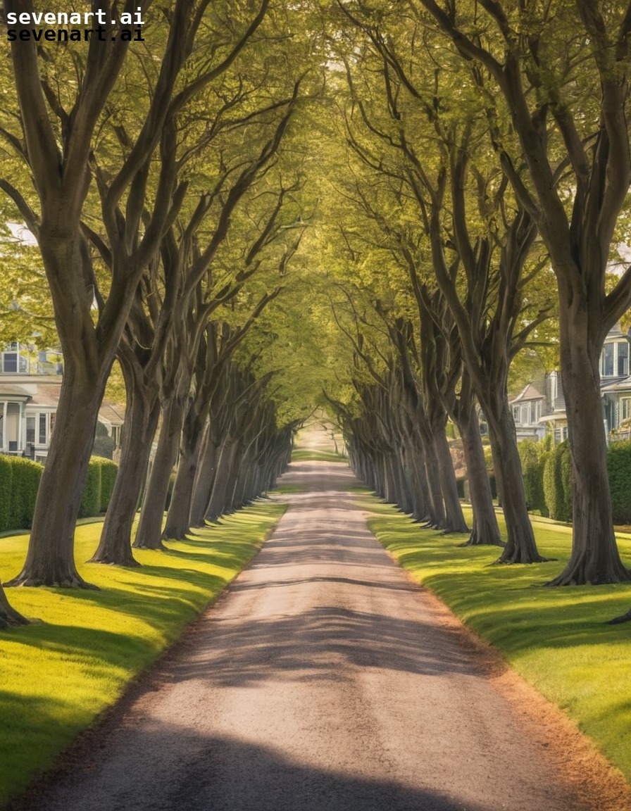 victorian architecture, tree-lined avenue, symmetrical design, suburban neighborhood