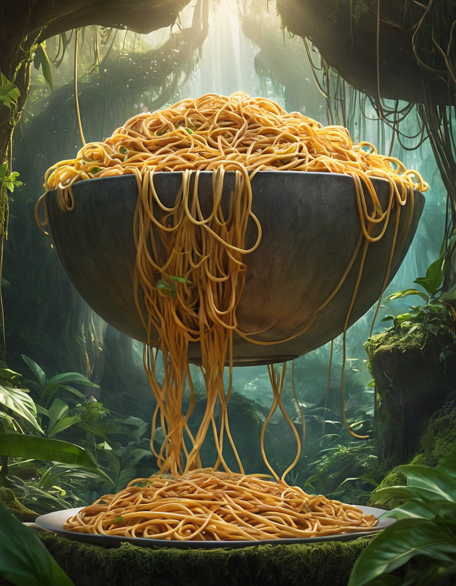 giant bowl, spaghetti, jungle, strange, food sculpture, wilderness, mystery