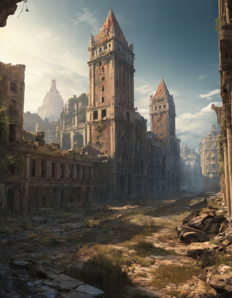 abandoned city, crumbling buildings, urban decay, post-apocalyptic, ruins, fallout, games, tv shows