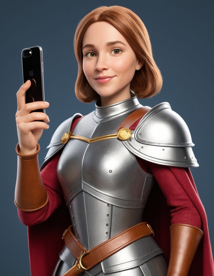 joan of arc, caricature, modern attire, selfie stick, funny