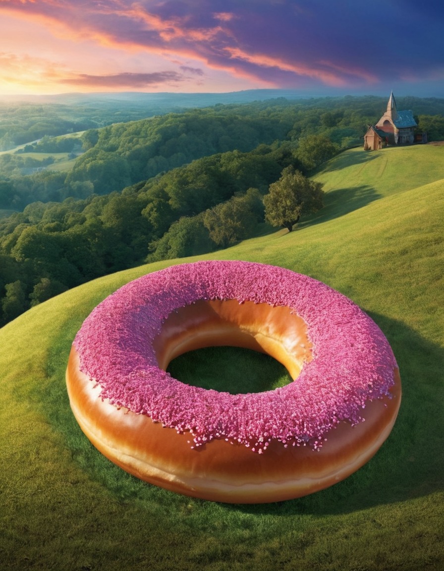 giant donut, rolling, hill, strange occurrence, quirky, unexpected, bizarre