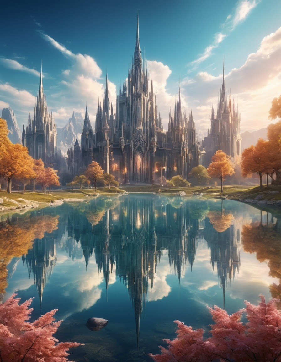 mirrored lake, city, crystal spires, reflection, fantasy, scenic view, serene