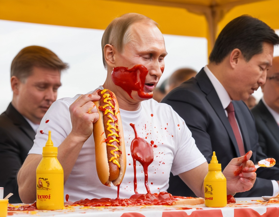 politics, hotdog, eating contest, messy, humor, putin, russia, russian president