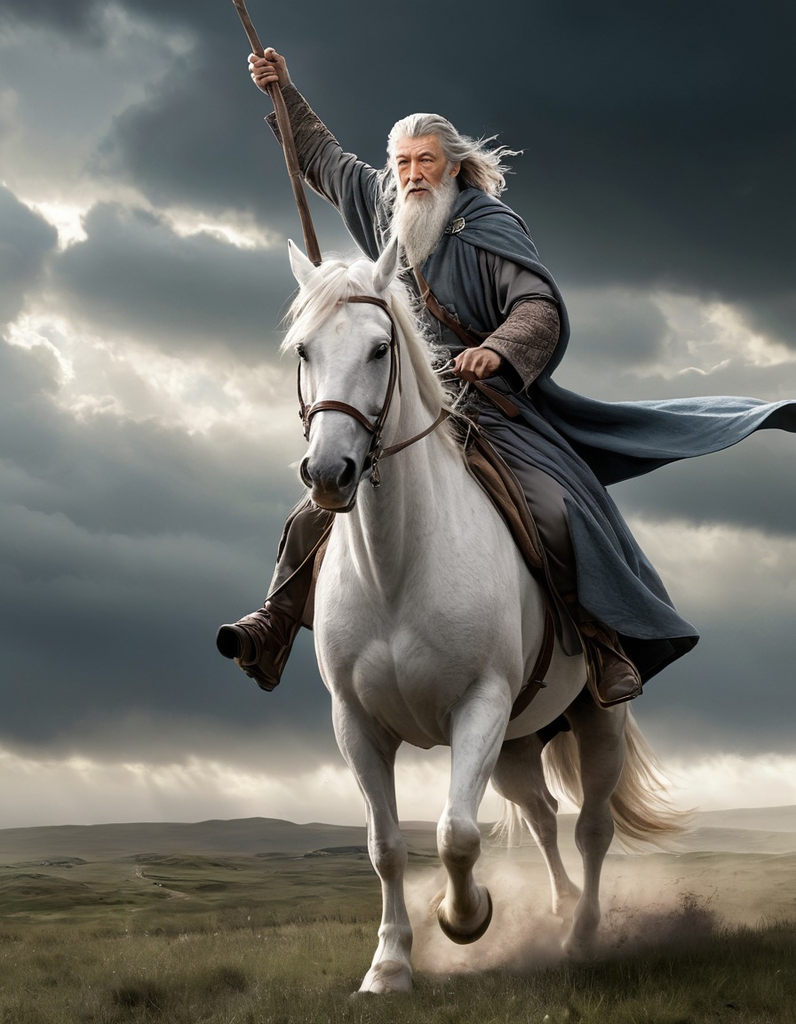 gandalf the grey, shadowfax, horseback riding, storm, fantasy landscape, john tolkien, tolkien