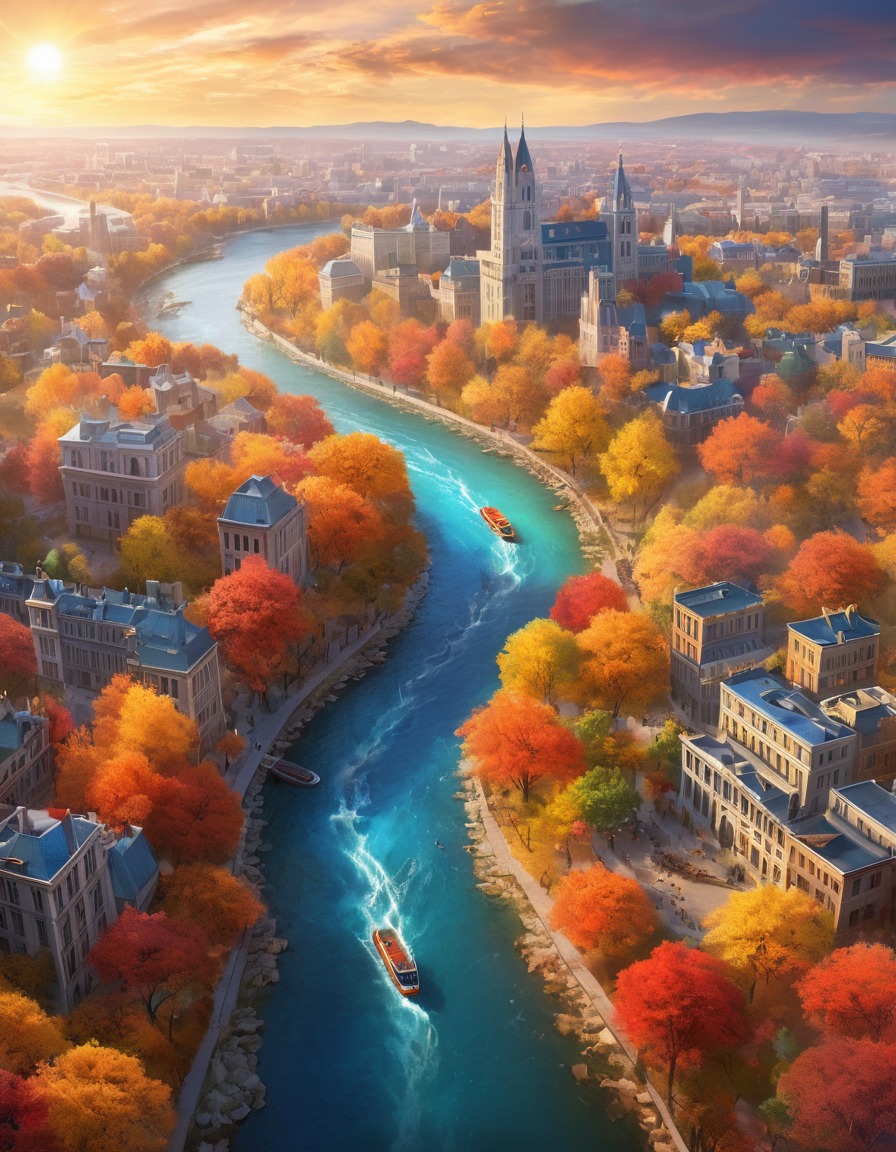 cityscape, river, autumn, foliage, nature, city