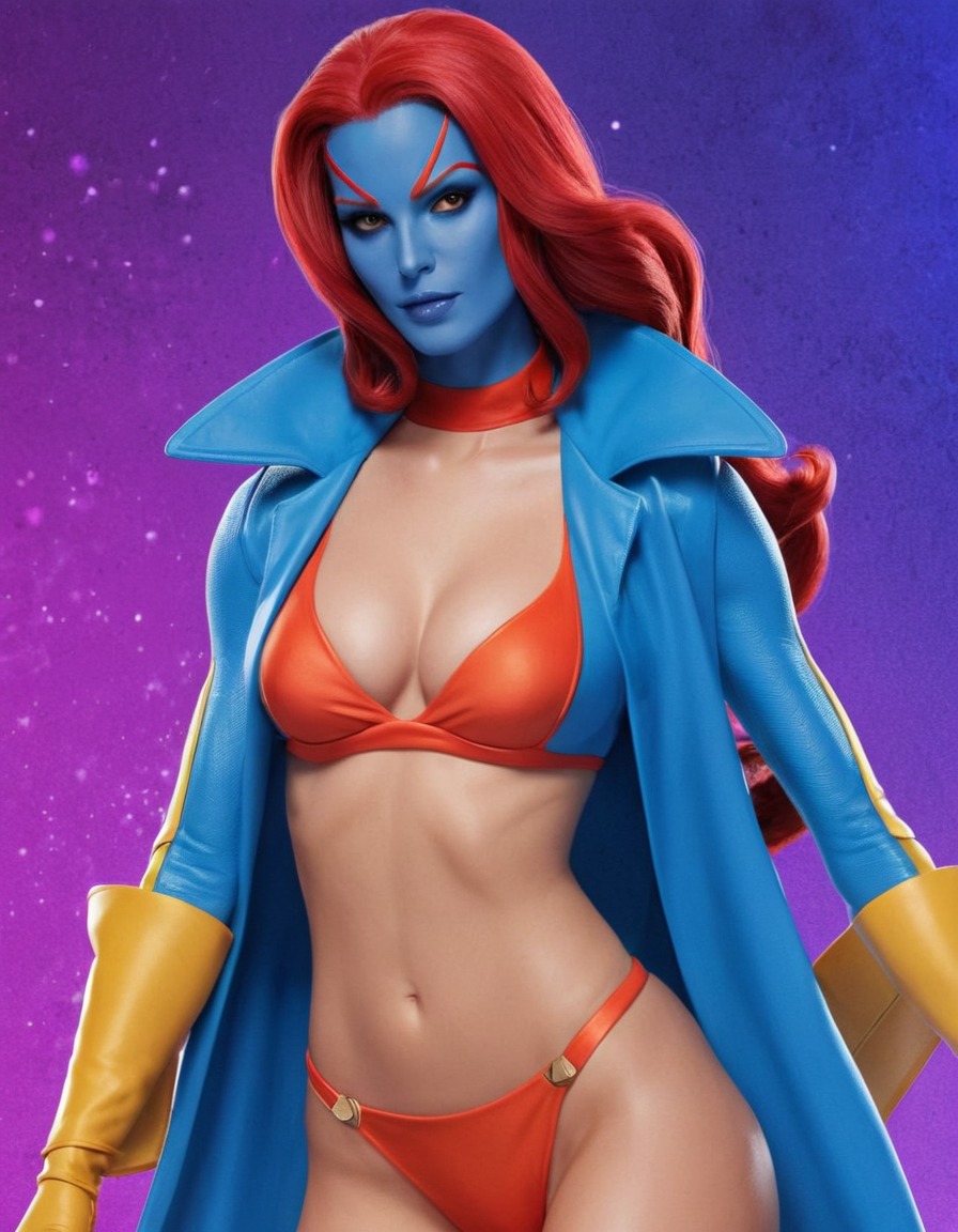 x-men, mystique, shapeshifting, bikini, colorful background, superhero, superheroine