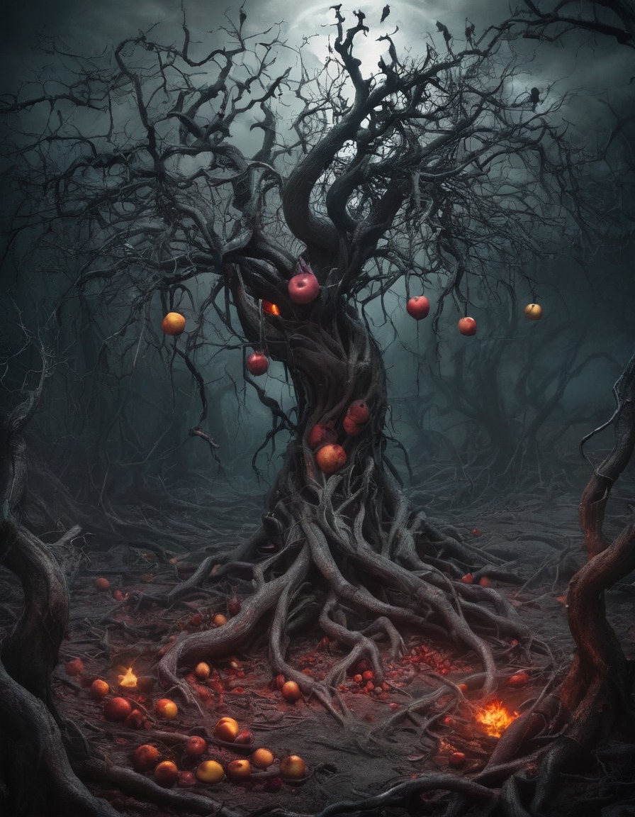 twisted trees, cursed fruit, hell, orchard, sinister, supernatural, dark fantasy