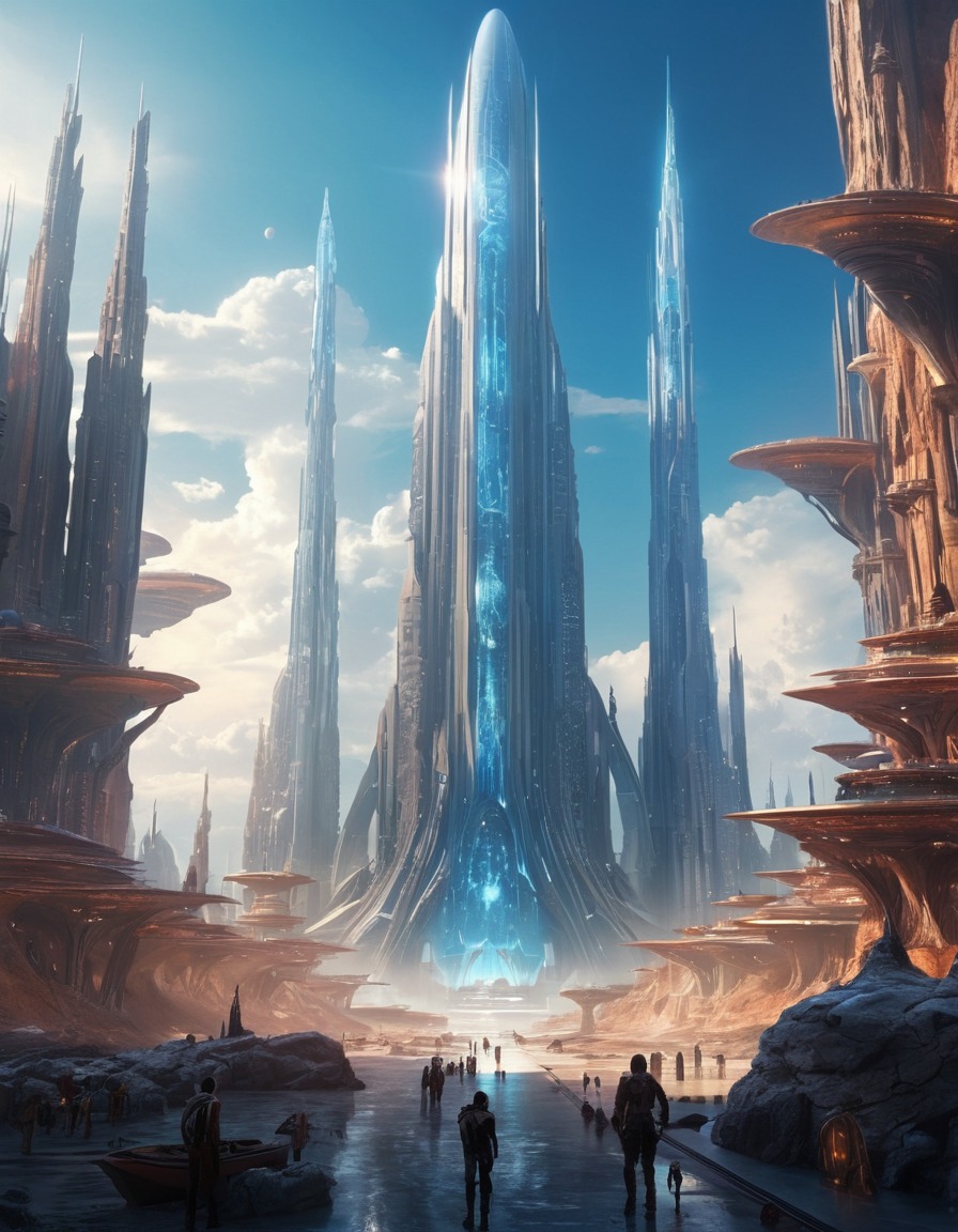 futuristic, cityscape, alien planet, towering structures, extraterrestrial, aliens