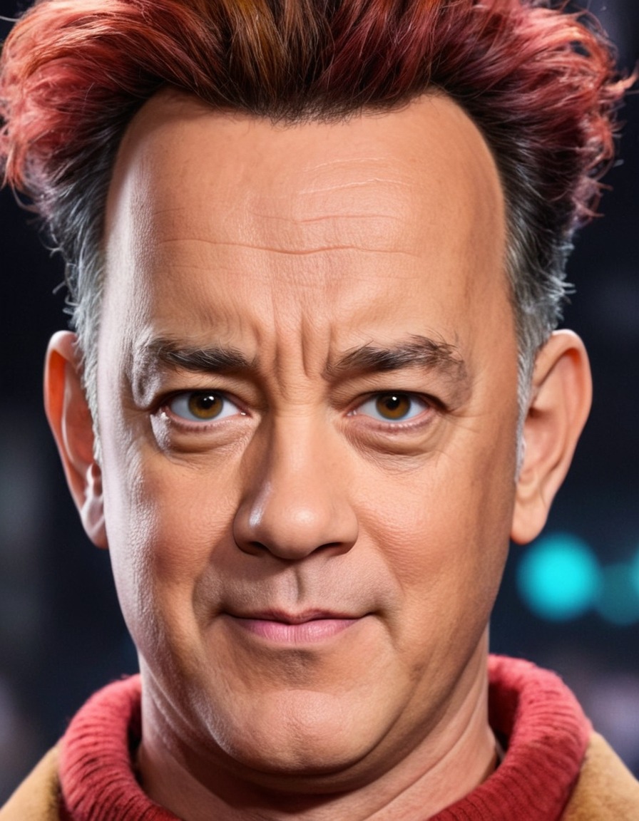 tom hanks, anime, transformation, vibrant hair colors, exaggerated facial features