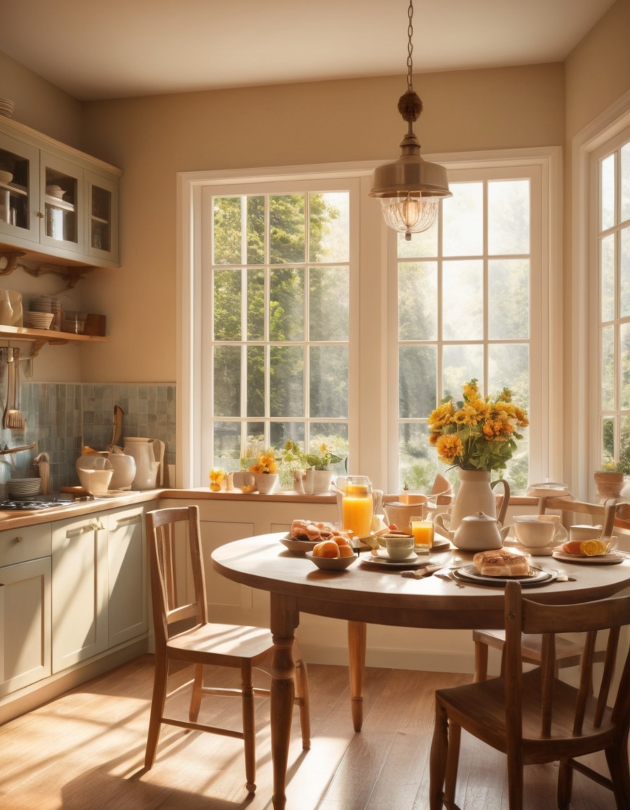 kitchen, sunlight, table setting, breakfast, cozy, home, interior