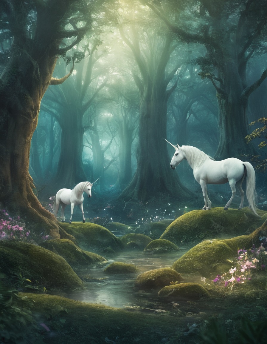 fantasy, mystical, forest, unicorns, fairies