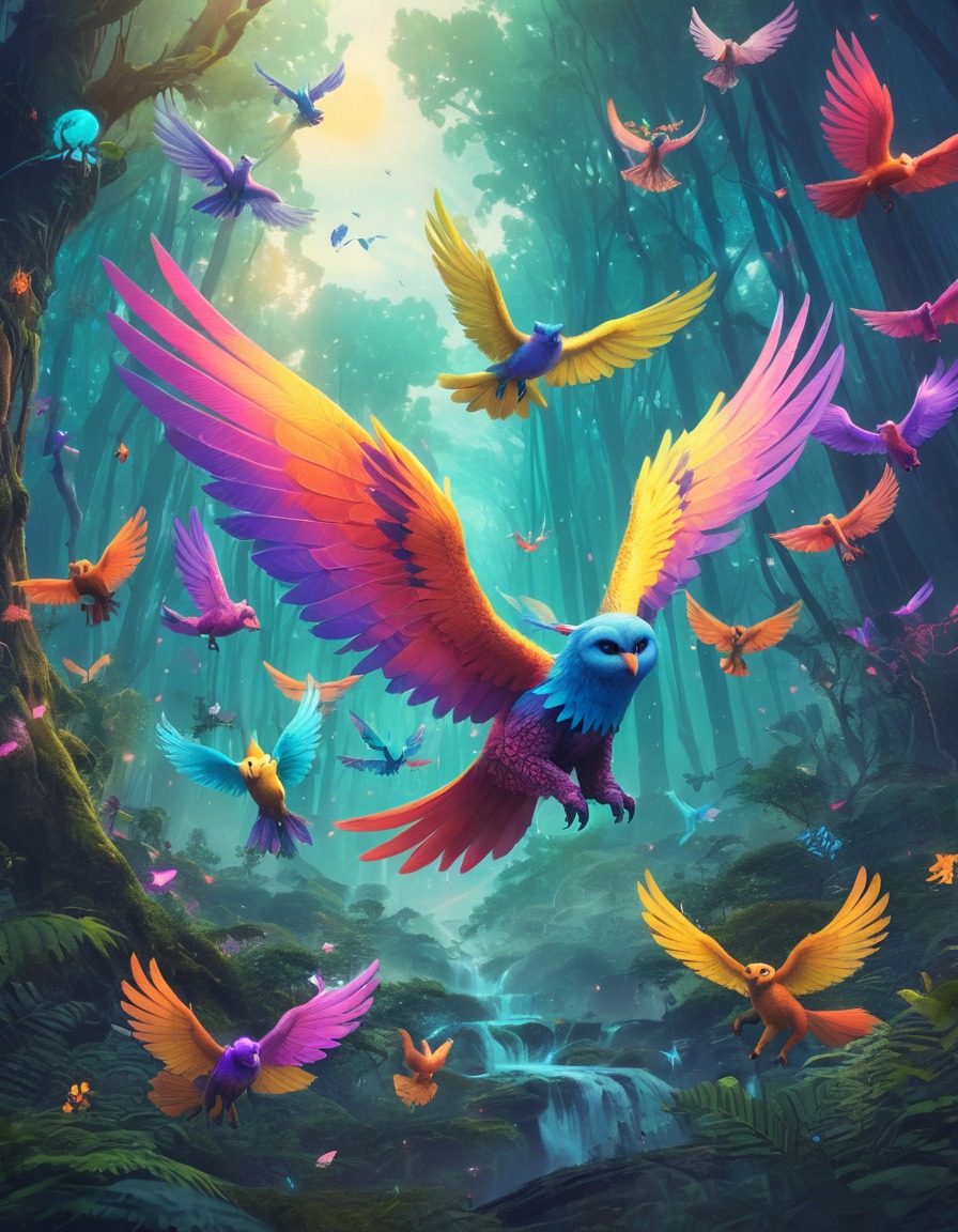 fantasy, forest, creatures, wings, vibrant, fantastic