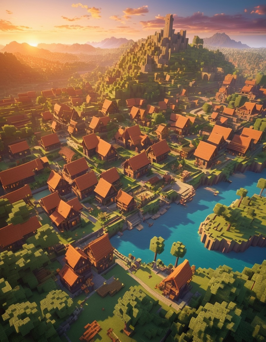 minecraft, village, sunset, aerial view, virtual world, computer games