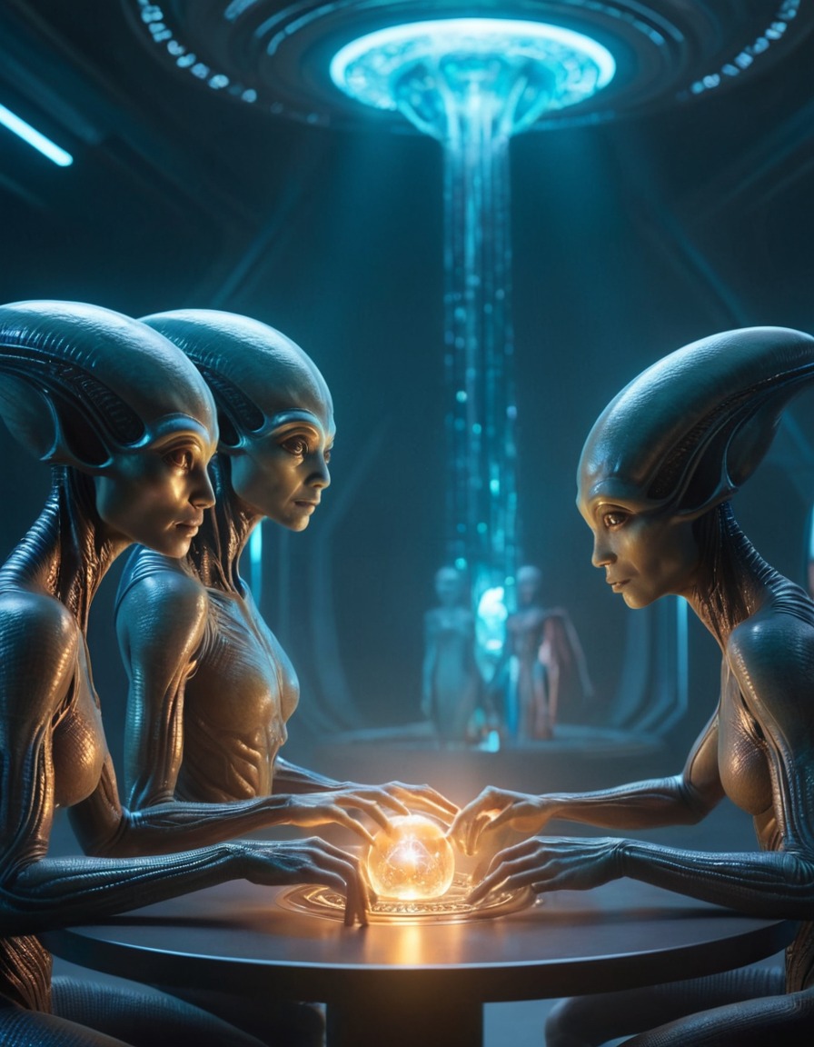 aliens, holographic technology, extraterrestrial beings, knowledge exchange, extraterrestrial