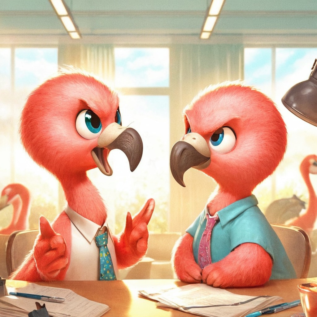 animal, bird, arguments, copilot, dalle3, fighting, flamingo, office, work, aiart