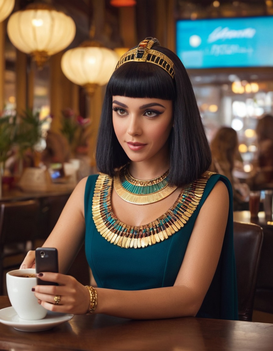 cleopatra, smartphone, cafe, ancient egypt