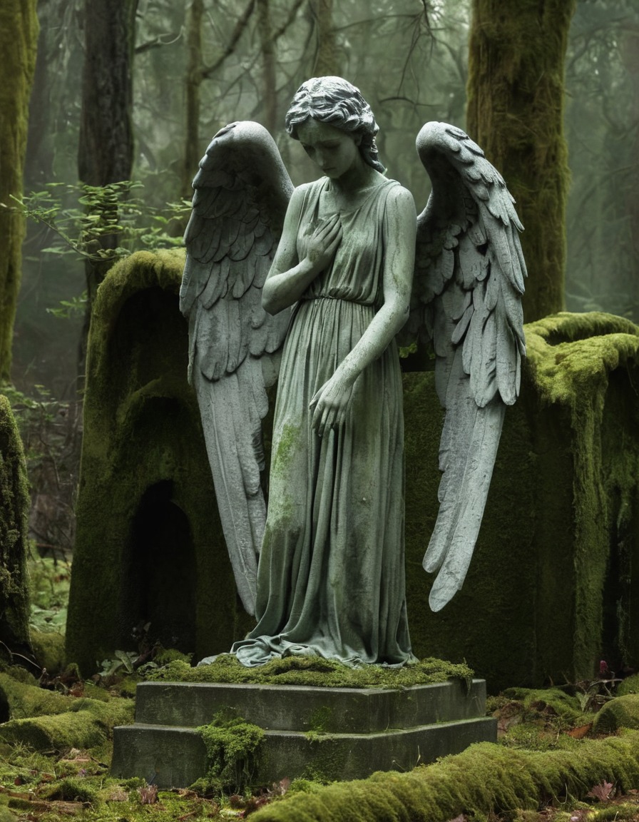 weeping angel, statue, cemetery, moss-covered, gothic, underground, dark