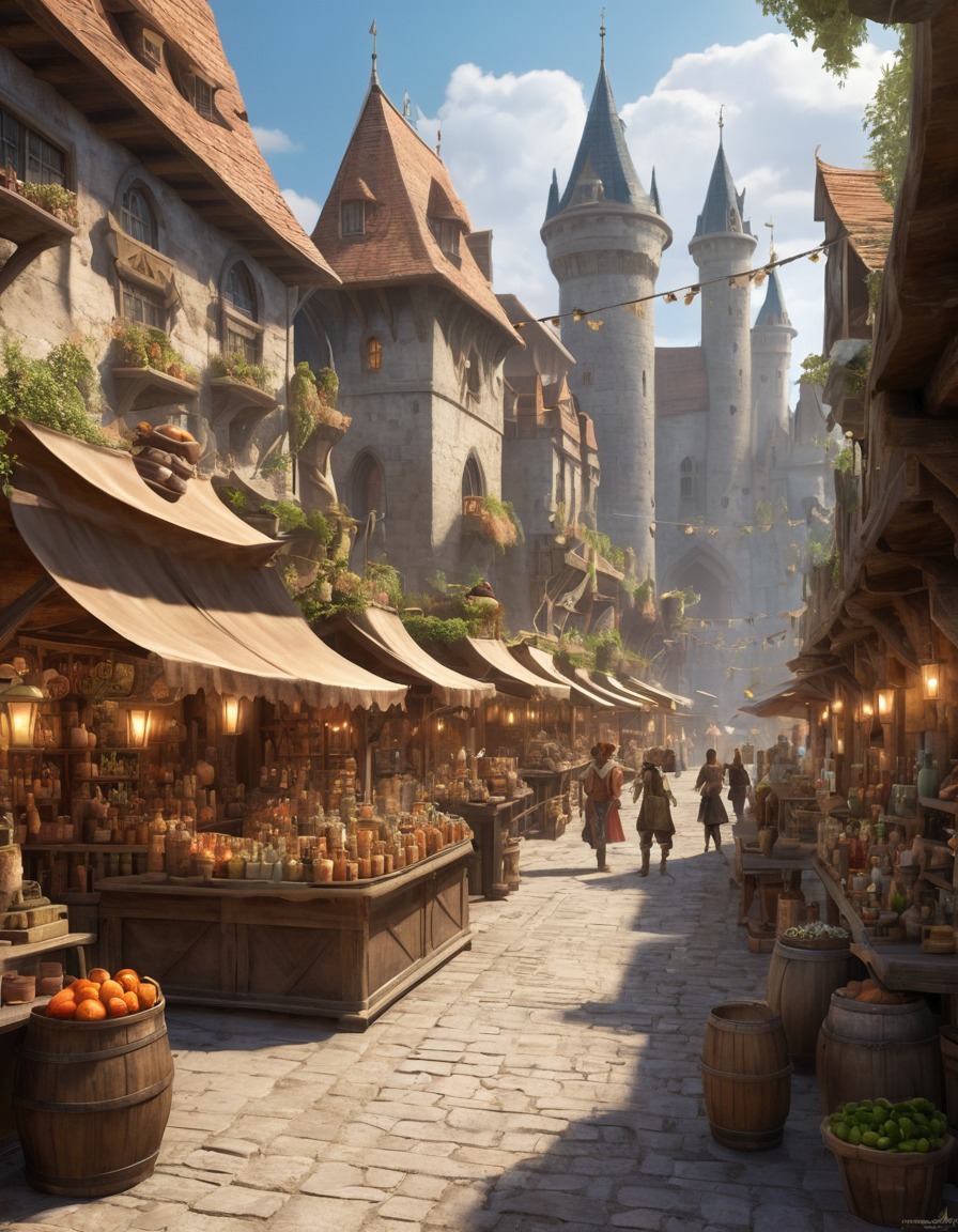 marketplace, vendors, potions, magical artifacts, fantasy, fantastic