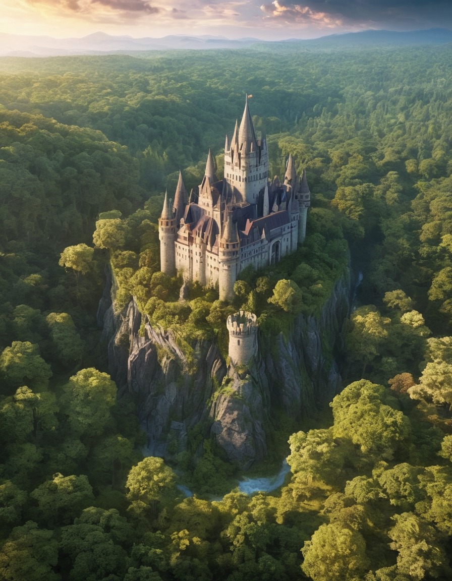 ancient castle, dense forest, enchanted, fortress, woodlands, medieval architecture, magical setting