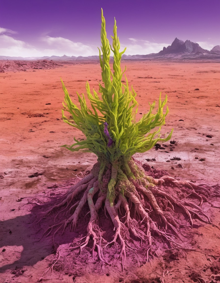 mutated plant, irradiated soil, vibrant colors, desolate landscape, contrast, fallout, games, tv shows