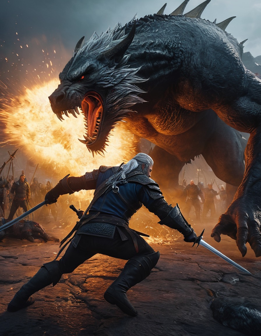 geralt of rivia, the witcher, monster, battle, fantasy, video game adaptation, computer games