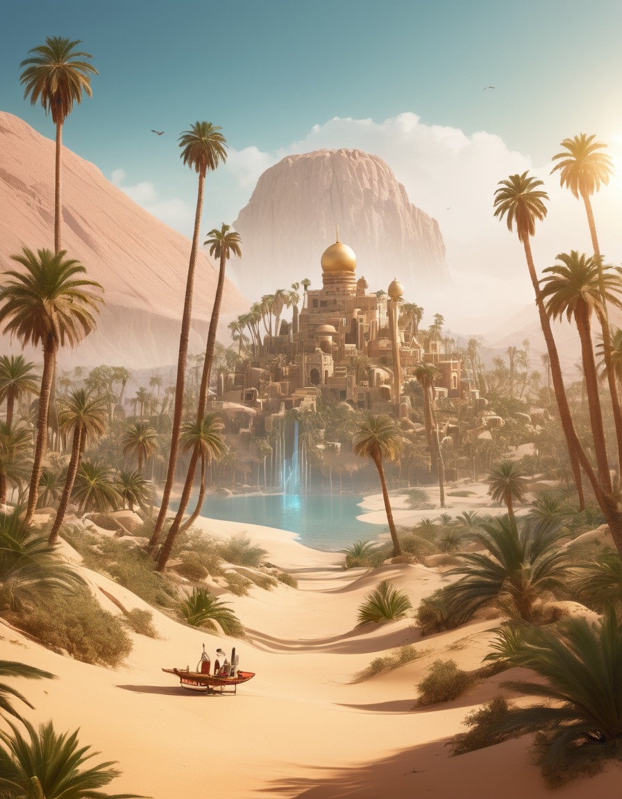 adventure, magic, flying carpet, desert oasis, treasure