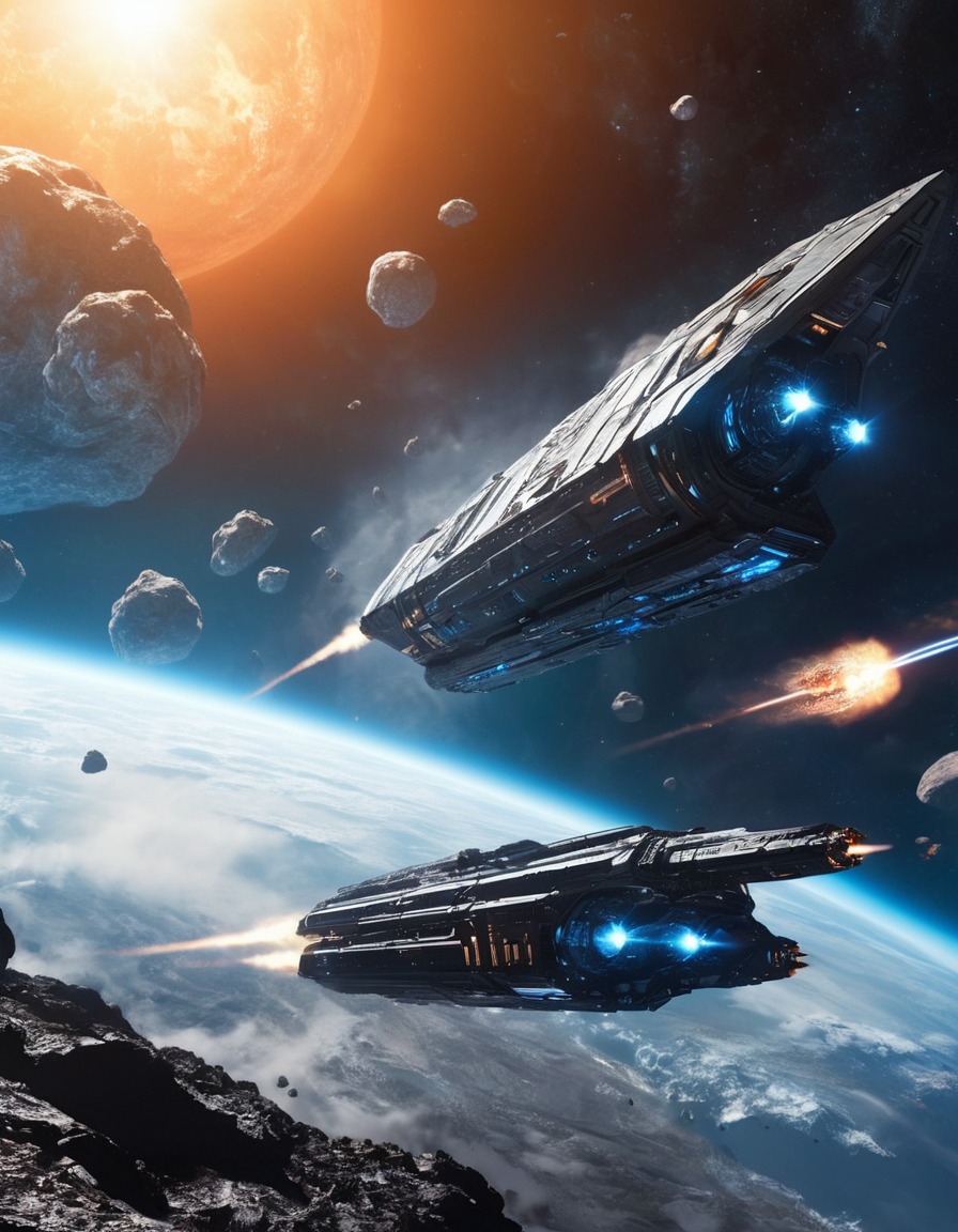 space, spacecraft, asteroid field, high-speed chase, fleet, extraterrestrial, adventure