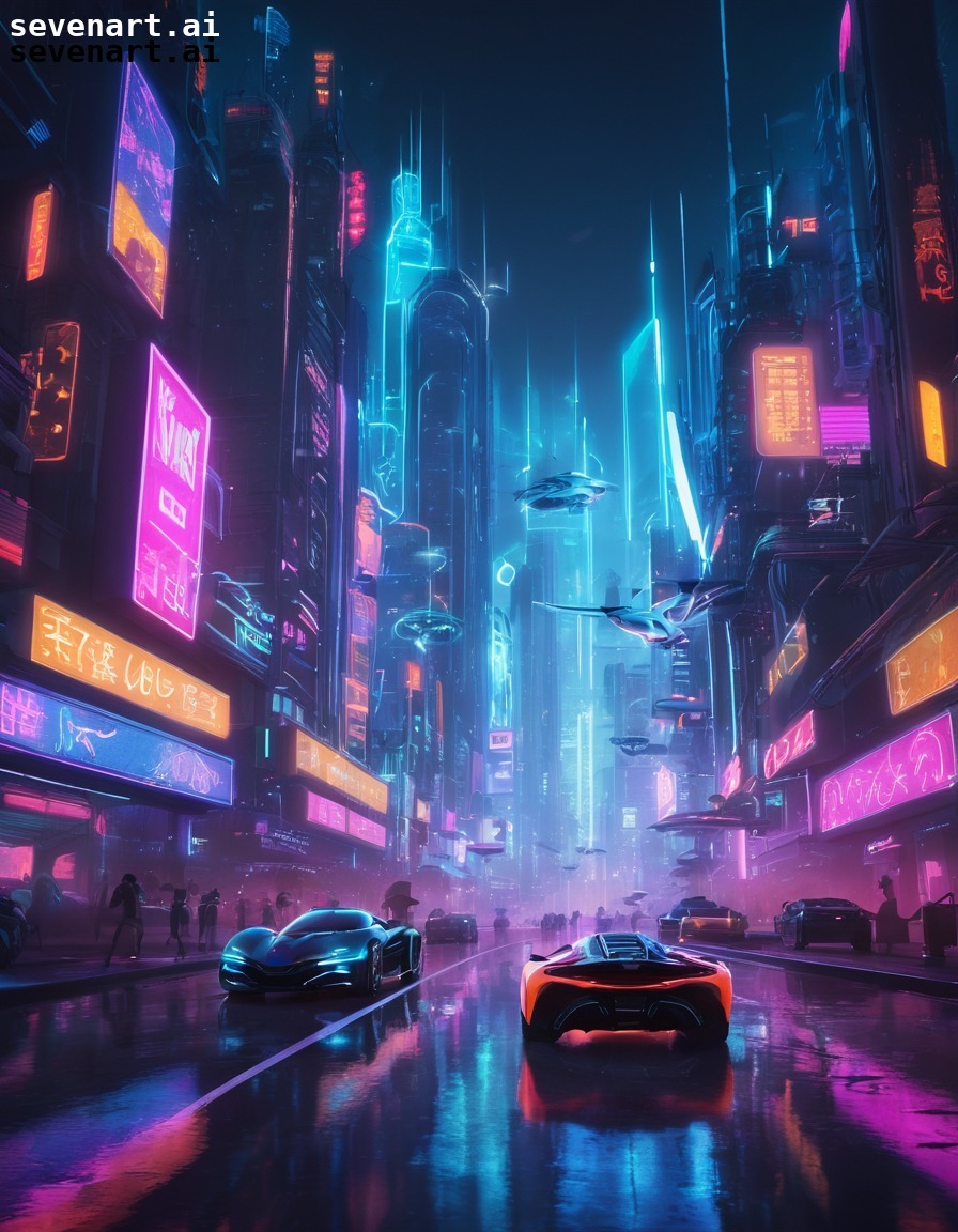 futuristic, neon lights, cityscape, flying cars, drones, future