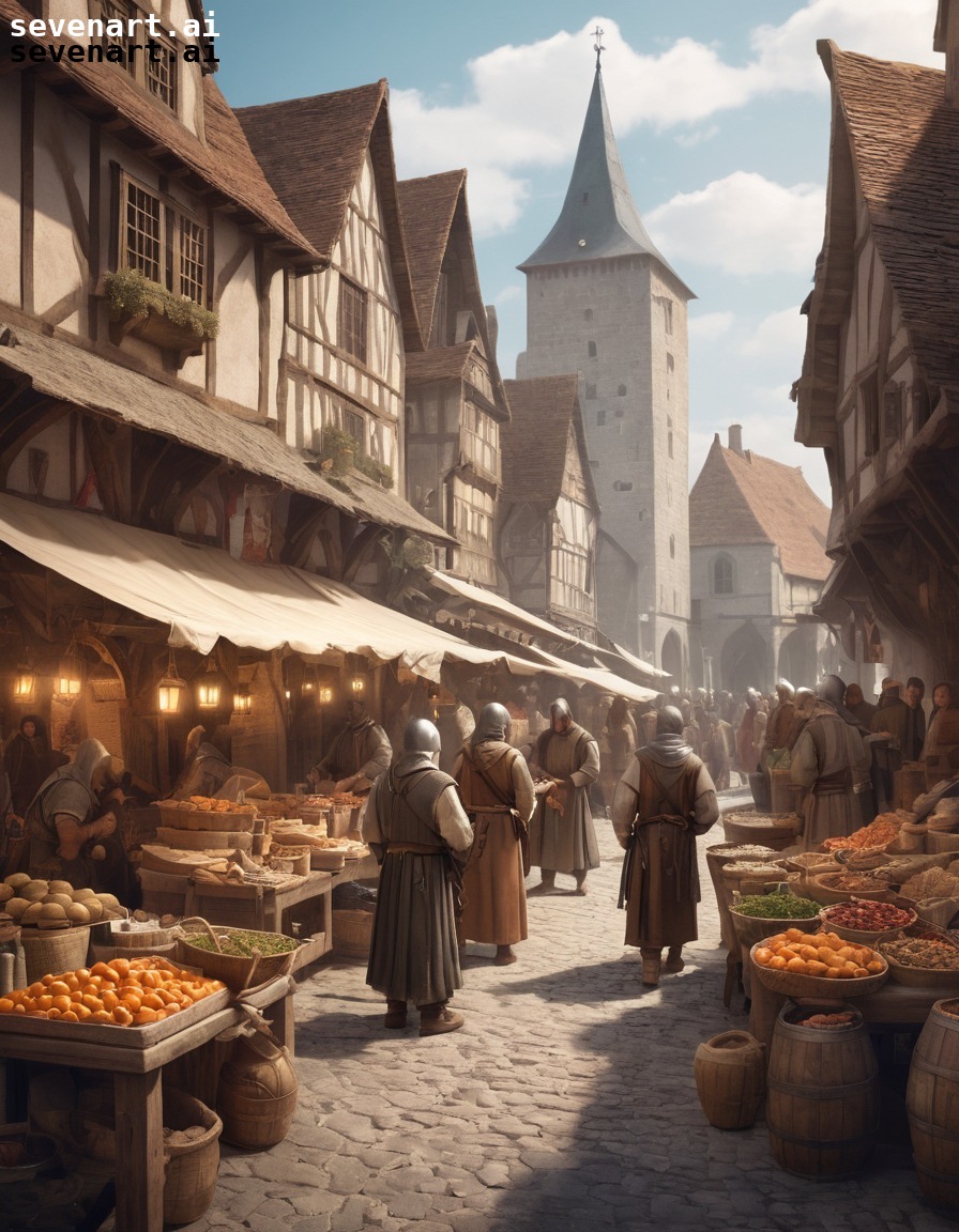 medieval, market, merchants, villagers, bartering, middle ages