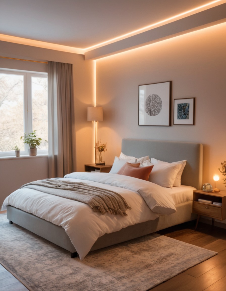 cozy, bedroom, interior, lighting, home