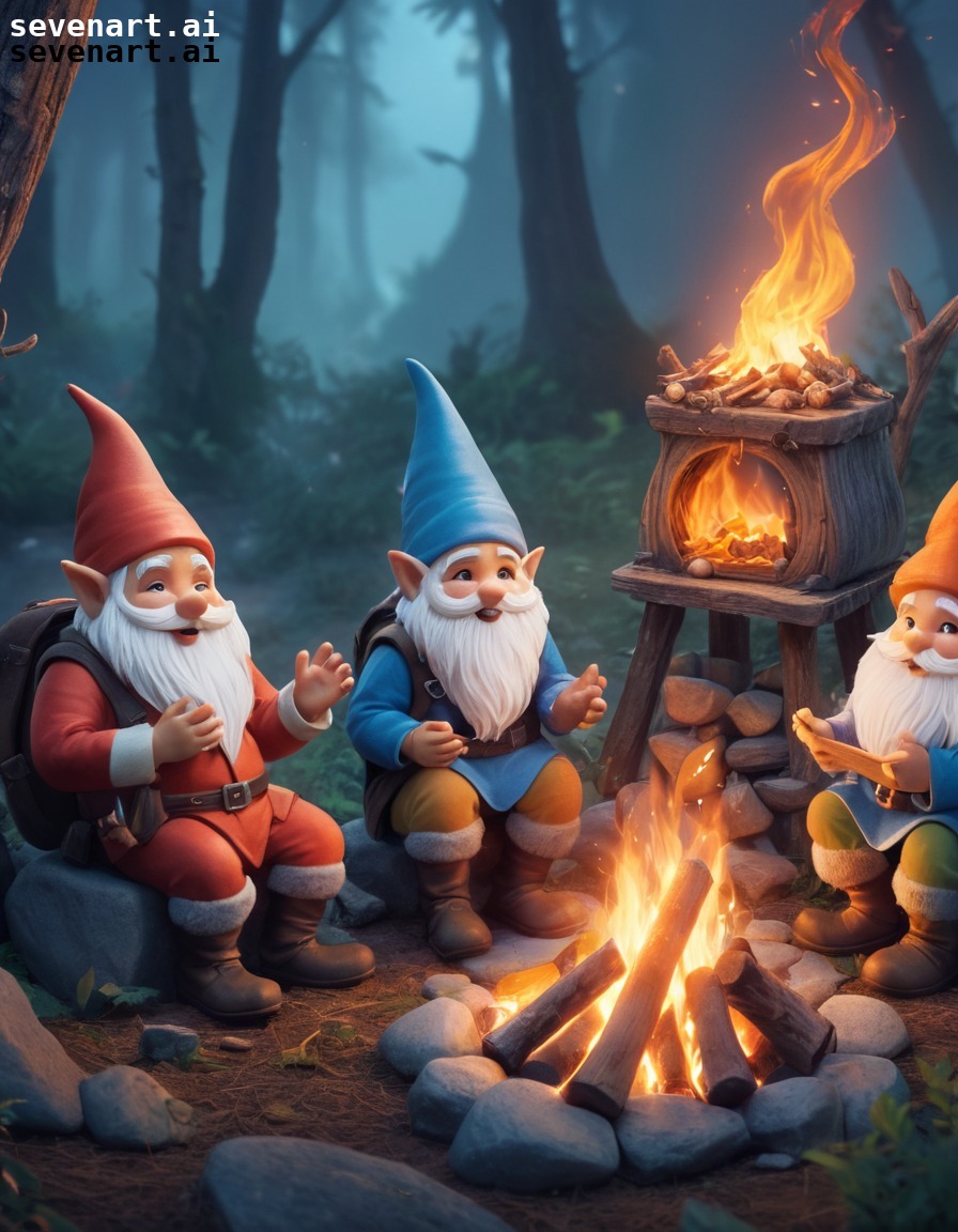 gnomes, campfire, gathering, storytelling, enchanted realm, fantasy