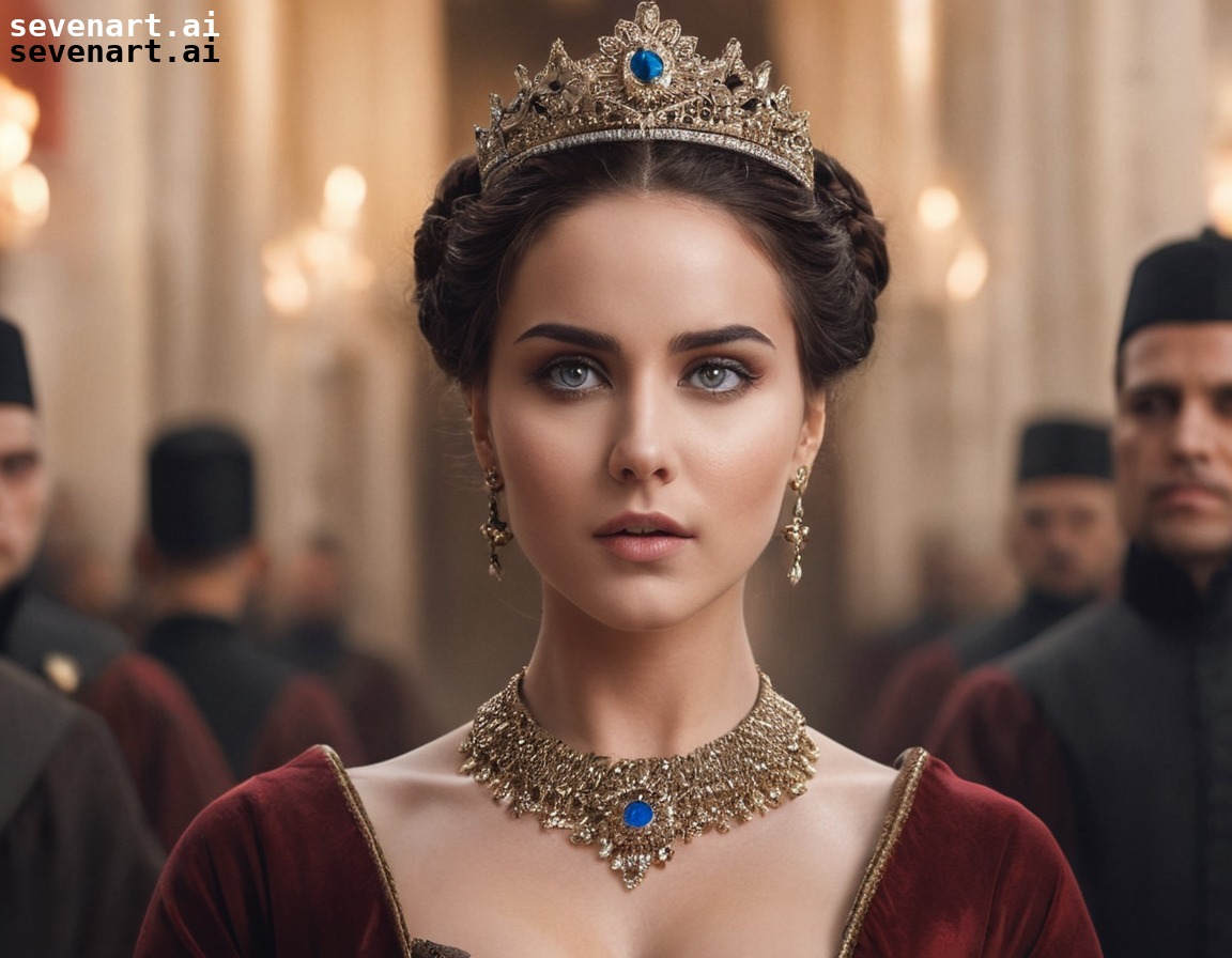 regal, commanding, piercing gaze, intense, powerful, woman