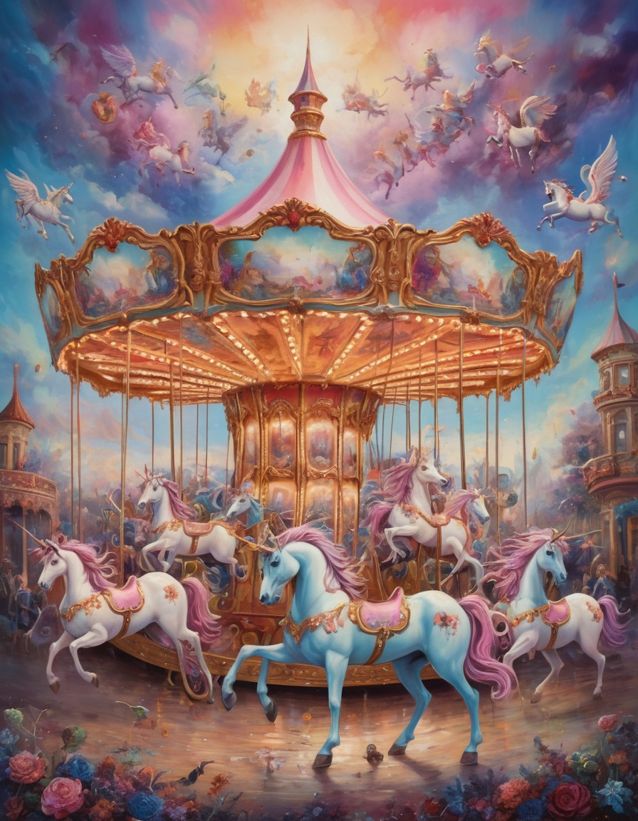 carousel, unicorns, fantasy, amusement park, surreal