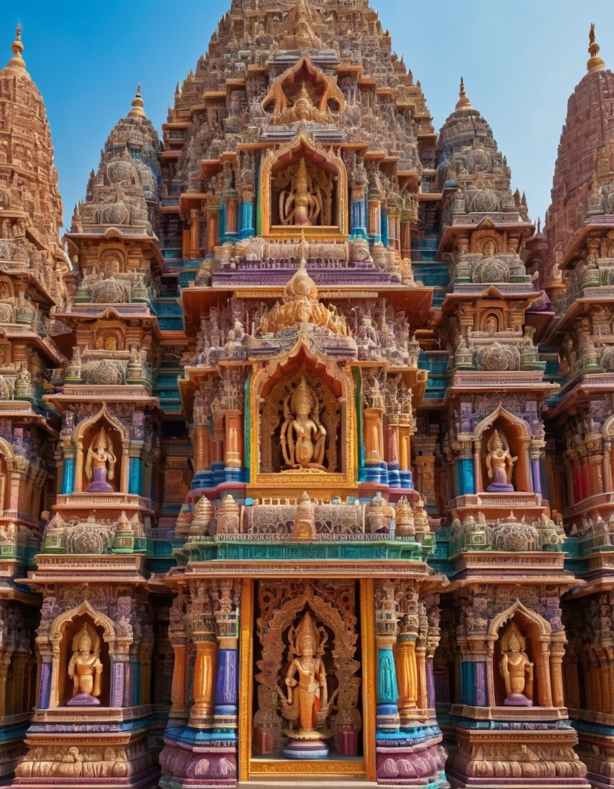 hindu temple, colorful, carvings, statues, architecture, religious site